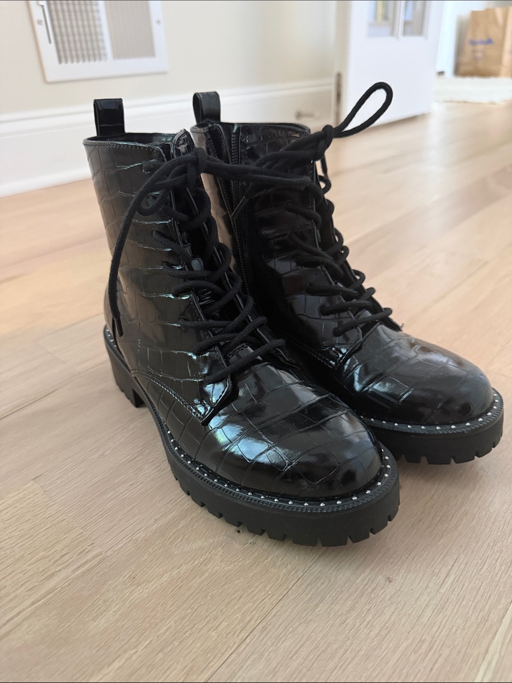 a new day Black Croc-Embossed Lace-Up Combat Boots